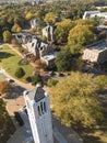 Aerial view of the bell tower and campus of NC State University in Raleigh , NC with Fall foliage Royalty Free Stock Photo