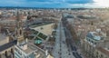 Aerial view of the bell tower of the Catholic Church and the Central square of Nimes in France