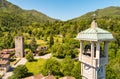 Aerial view of the bell tower of Church of the Purification of the Virgin Mary in Mesenzana, Italy Royalty Free Stock Photo