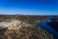 Aerial view of the Belver Castle Castelo de Belver and village with the bridge over the Tagus River in the background, in Portug