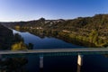 Aerial view of the Belver Castle Castelo de Belver and village with the bridge over the Tagus River in the foreground, in Portug