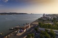 Aerial view of the BelÃÂ©m neighborhood in the city of Lisbon with sail boats on the Tagus River