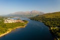 Aerial view of Ben Nevis, Fort William and Loch Eil in the evening sunshine Royalty Free Stock Photo
