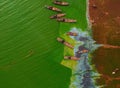 Aerial view of Ben Nom fishing village, a brilliant, fresh, green image of the green algae season on Tri An lake, with many Royalty Free Stock Photo
