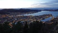 Night Panorama of Bergen harbour and city from Floyen viewpoint in Norway in autumn Royalty Free Stock Photo
