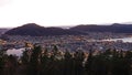 Pink sunset Panorama of Bergen city from Floyen viewpoint in Norway in autumn Royalty Free Stock Photo