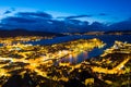 Aerial view of Bergen, Norway at night. Colorful cloudy sunset sky over the city Royalty Free Stock Photo