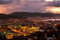 Aerial view of Bergen, Norway at night. Colorful cloudy sunset sky Royalty Free Stock Photo