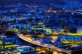 Aerial view of Bergen, Norway at night. Illuminated roads and car traffic