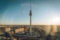 Aerial view of Berlin skyline with famous TV tower at Alexanderplatz in Mitte with pink sky at sunset. Royalty Free Stock Photo