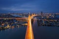 Aerial view of Bhumibol Bridge and Chao Phraya River in structure of suspension architecture concept, Urban city, Bangkok. Royalty Free Stock Photo