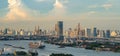 Aerial view of Bhumibol Bridge and Chao Phraya River in structure of suspension architecture concept, Urban city, Bangkok. Royalty Free Stock Photo