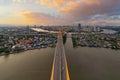 Aerial view of Bhumibol Bridge and Chao Phraya River in structure of suspension architecture concept, Urban city, Bangkok. Royalty Free Stock Photo