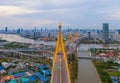Aerial view of Bhumibol Bridge and Chao Phraya River in structure of suspension architecture concept, Urban city, Bangkok.