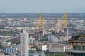 Aerial view of Bhumibol Bridge and Chao Phraya River in structure of suspension architecture concept, Urban city, Bangkok. Royalty Free Stock Photo