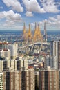 Aerial view of Bhumibol Bridge and Chao Phraya River in structure of suspension architecture concept, Urban city, Bangkok. Royalty Free Stock Photo