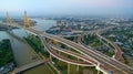 aerial view of bhumibol bridge crossing chaopraya river in bangkok thailand