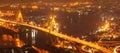 Aerial view of Bhumibol Suspension Bridges and highways interchange over the Chao Phraya River at dusk. Samut Prakan, Thailand Royalty Free Stock Photo