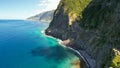 Aerial view of Bidal Veil Waterfalls on a sunny morning in Madeira, Portugal