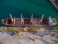 Aerial view of big cargo ship bulk carrier is loaded with grain of wheat in port at sunset Royalty Free Stock Photo