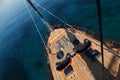 An aerial view of a big, classical, wooden, traditional gulet and a Aegean sea view.