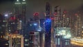 Aerial view of a big modern city at night timelapse. Business bay, Dubai, United Arab Emirates. Royalty Free Stock Photo