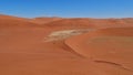 Aerial view of big orange sand dunes with two people walking in the valley at Sossusvlei, Namib desert, Namibia, Africa. Royalty Free Stock Photo