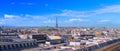 Aerial view big panorama Paris, south-western part, city center, Eiffel Tower - from the rooftop restaurant famous