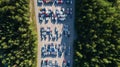 Aerial view of big parking lot of new cars. Automobile factory Royalty Free Stock Photo