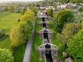 Aerial view of Bingley Five-Rise Locks is a staircase lock on the Leeds and Liverpool Canal at Bingley, West Yorkshire Royalty Free Stock Photo