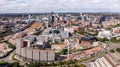 Aerial view of a Birmingham cityscape skyline with HS2 construction site