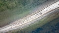 Aerial view of black birds on the white beach peninsula surrounded by water from both sides