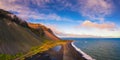 Aerial view of a black sand beach and the Eystrahorn Mountains in Iceland Royalty Free Stock Photo