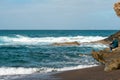 Aerial view of Black Sandy Beach, Coast of Atlantic Ocean and Cliffs in Ajuy, Furteventura, Canary Islands, Spain