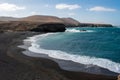 Aerial view of Black Sandy Beach, Coast of Atlantic Ocean and Cliffs in Ajuy, Furteventura, Canary Islands, Spain