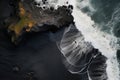 Aerial view of black volcanic sand with ocean waves in Iceland, The black sand beach in Iceland. Sea aerial view and top view, AI Royalty Free Stock Photo