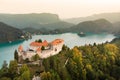 Aerial view of Bled Castle overlooking Lake Bled in Slovenia, Europe Royalty Free Stock Photo