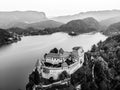 Aerial view of Bled Castle overlooking Lake Bled in Slovenia, Europe Royalty Free Stock Photo