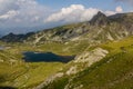 Aerial view of Bliznaka (Twin) lake in Rila mountains, Bulgar