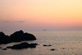 Aerial view of the Bloods Islands and Parata Tower, the Genoese tower built in 1608, Corsica. France. Sunset over the sea on the