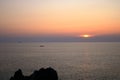 Aerial view of the Bloods Islands and Parata Tower, the Genoese tower built in 1608, Corsica. France. Sunset over the sea on the