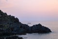 Aerial view of the Bloods Islands and Parata Tower, the Genoese tower built in 1608, Corsica. France. Sunset over the sea on the