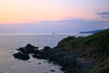 Aerial view of the Bloods Islands and Parata Tower, the Genoese tower built in 1608, Corsica. France. Sunset over the sea on the