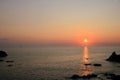 Aerial view of the Bloods Islands and Parata Tower, the Genoese tower built in 1608, Corsica. France. Sunset over the sea on the