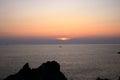 Aerial view of the Bloods Islands and Parata Tower, the Genoese tower built in 1608, Corsica. France. Sunset over the sea on the