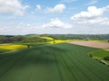 Blooming landscape with growing wheat fields, canola fields, plowed arable land with soil, trees, a road and a blue sky in spring Royalty Free Stock Photo