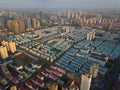 Aerial view of blue houses. Residential neighborhood. Urban housing development from above. Top view. Real estate in Shanghai City Royalty Free Stock Photo