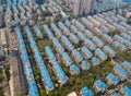 Aerial view of blue houses. Residential neighborhood. Urban housing development from above. Top view. Real estate in Shanghai City Royalty Free Stock Photo