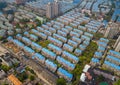 Aerial view of blue houses. Residential neighborhood. Urban housing development from above. Top view. Real estate in Shanghai City Royalty Free Stock Photo