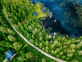 Aerial view of blue lake with green forests in Finland. Wooden house, sauna, boats and fishing pier by the lake Royalty Free Stock Photo